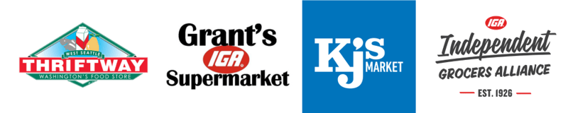 Thriftway logo, Grant's IGA Supermarket logo; KJ's Market logo; Independent Grocers Alliance logo