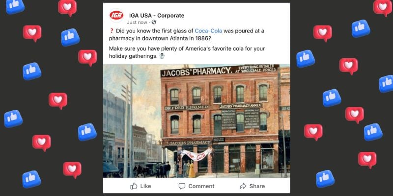 "Did you know the first glass of Coca-Cola was poured at a pharmacy in downtown Atlanta in 1886?" social media post example.