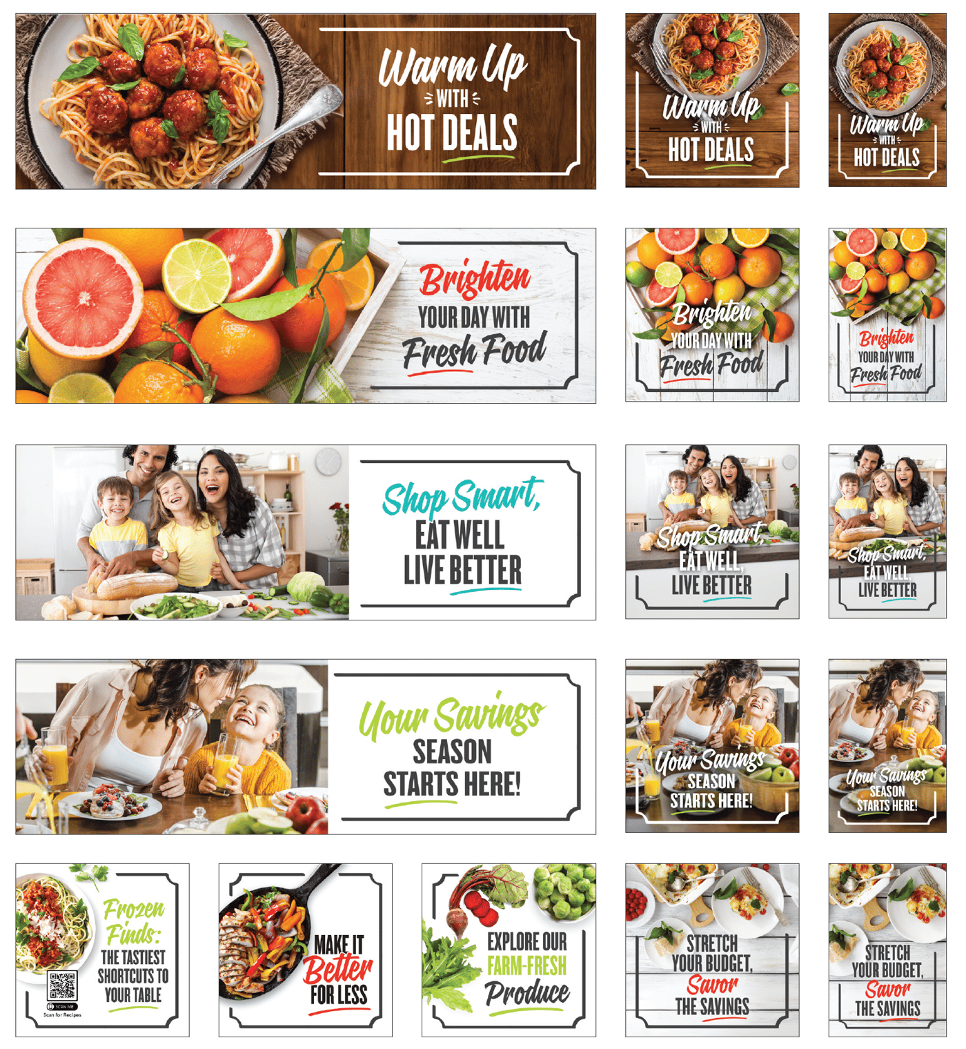 Q1 2024 Signage, including "Warm up with hot deals;" "Brighten your day with fresh food"