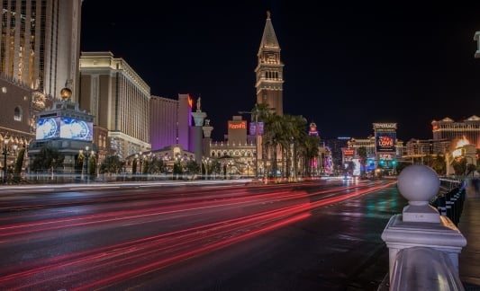 A view of the Las Vegas Strip, including Harrah's, at night