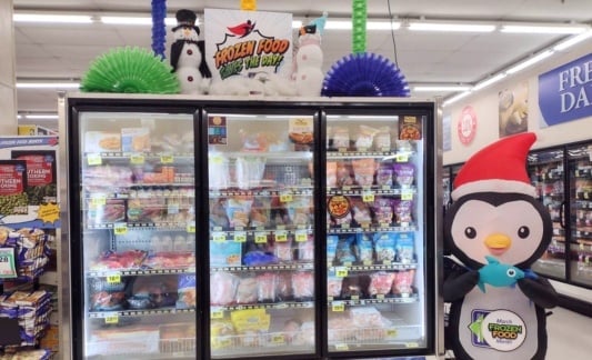 Frozen food case in grocery store