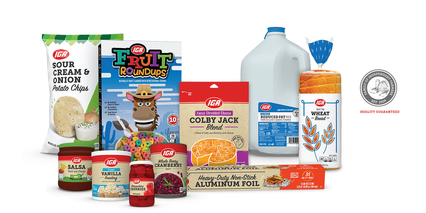 IGA Exclusive Brand products, including Sour Cream & Onion Potato Chips, Fruit Roundups Cereal, Salsa, Colby Jack Blend, and more